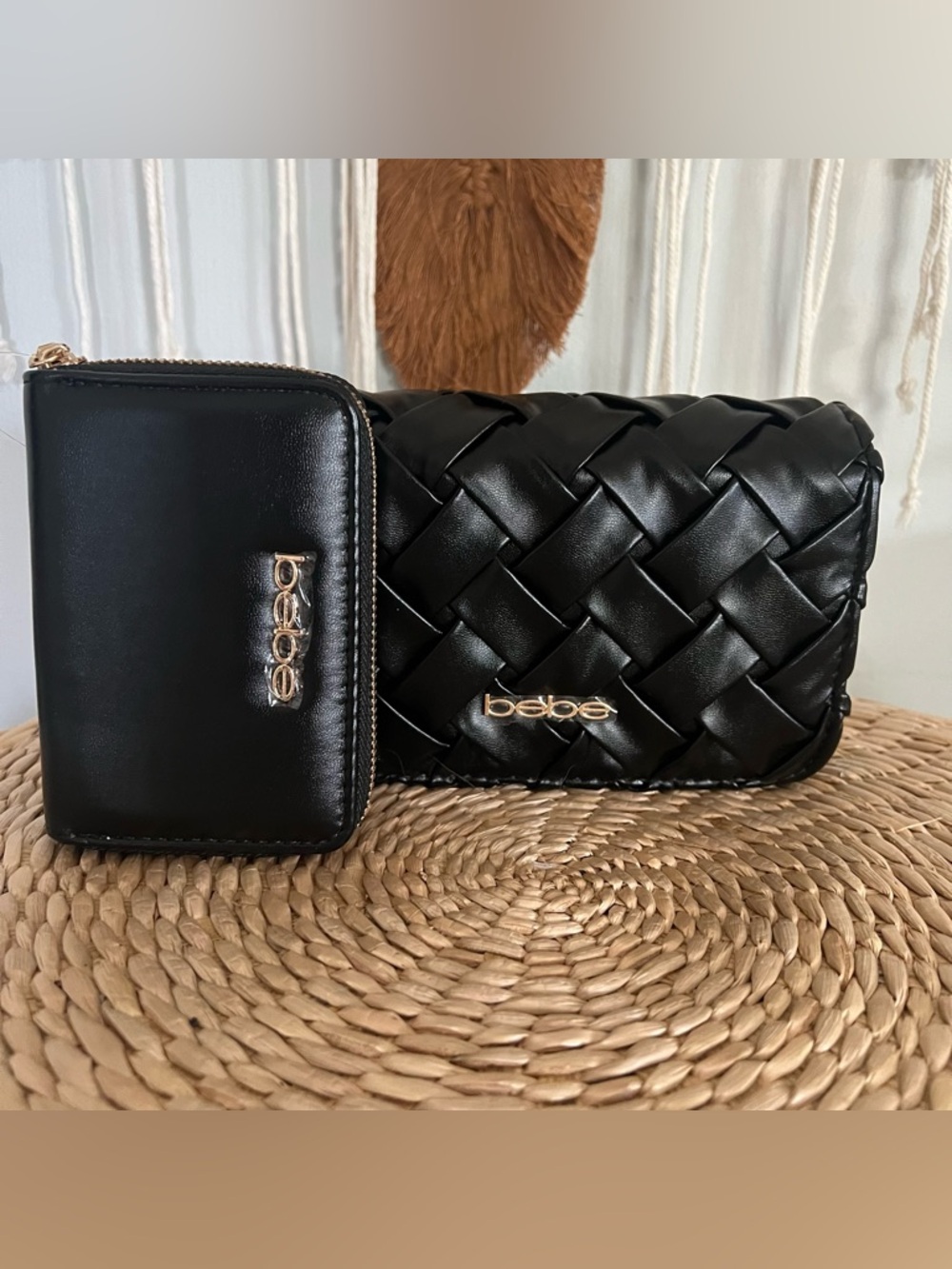 bebe Black Woven Crossbody with Matching Zip Wallet